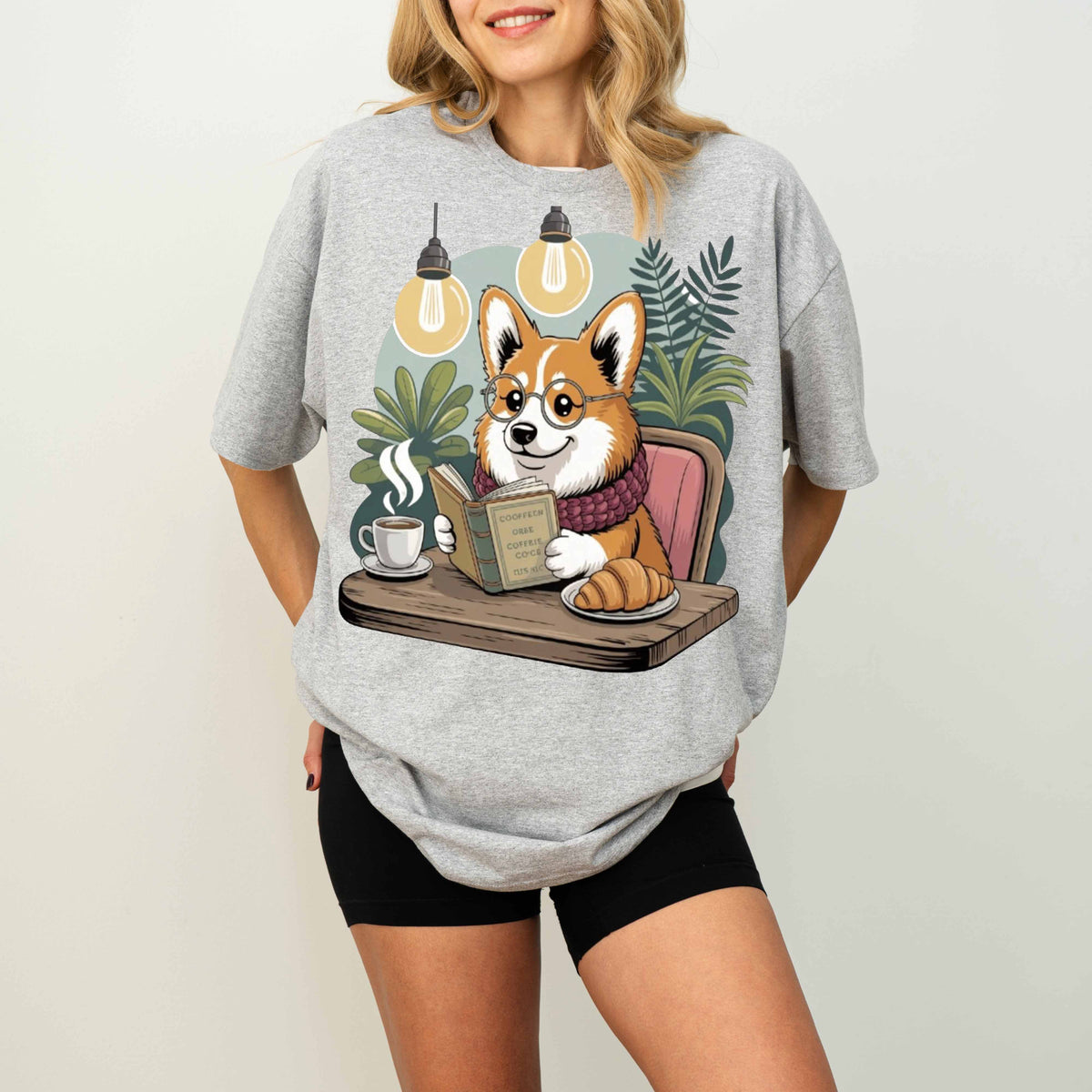Corgi Reading at Café Funny Dog T-Shirt