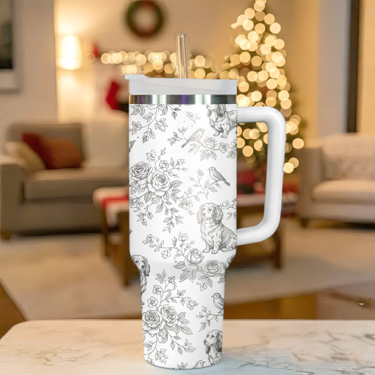 Vintage Dachshund Toile Pattern 40oz Insulated Tumbler