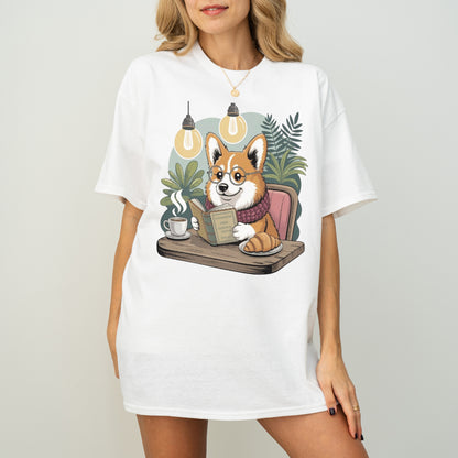 Corgi Reading at Café Funny Dog T-Shirt