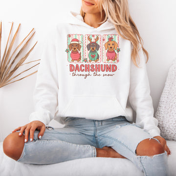 Dachshund Through the Snow Trio Christmas Hoodie – Cute Wiener Dog Holiday Hooded Sweatshirt for Dog Lovers