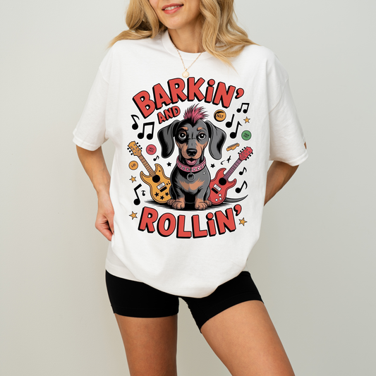 Barkin' and Rollin' Dachshund T-Shirt in White - main product photo