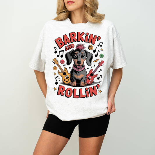 Barkin and Rollin Dachshund Shirt, Cute Rock and Roll Sausage Dog Graphic Tee
