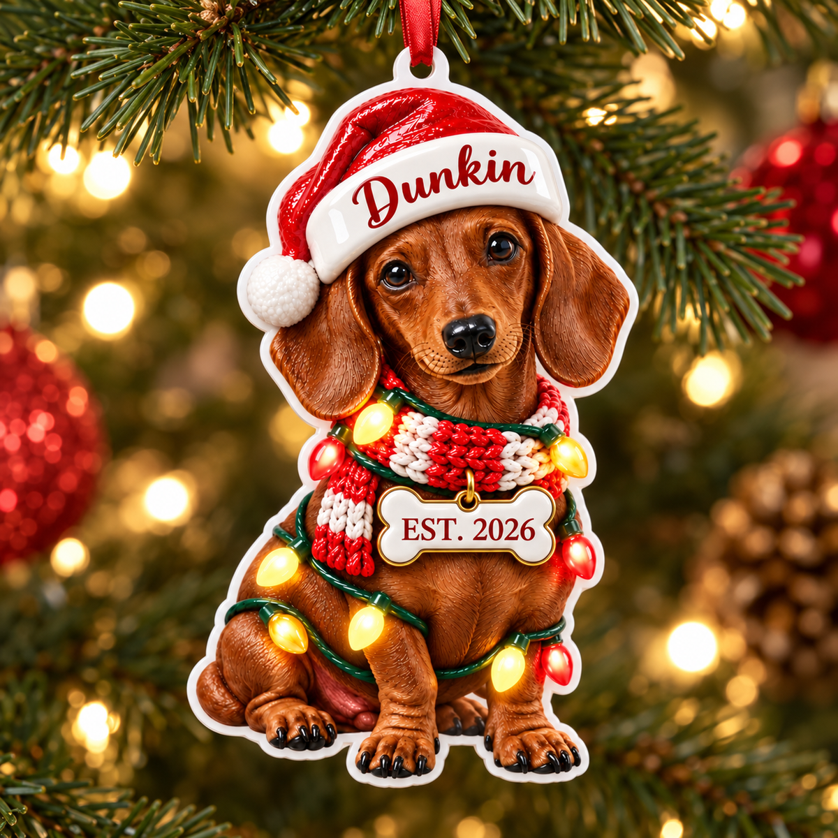 Personalized Dachshund Santa Hat Christmas Ornament, Custom Name & Est. Year, 3D Acrylic Keepsake