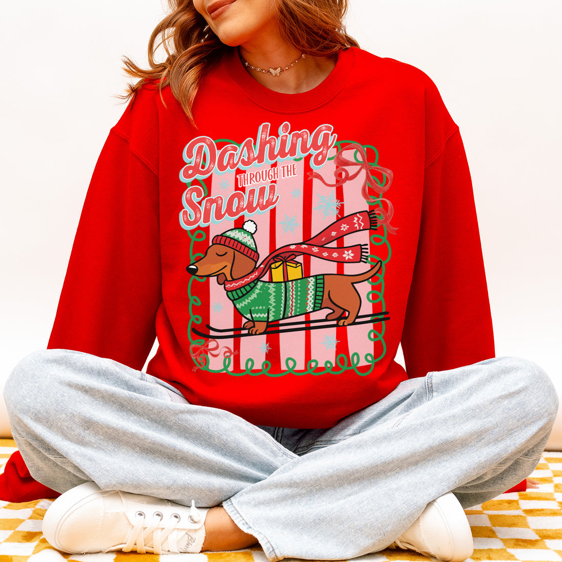 Dashing Through the Snow Dachshund Christmas Sweatshirt – Cozy Holiday Doxie Joy