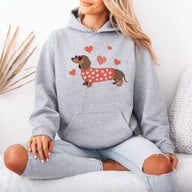 Valentine Dachshund Love Hoodie – Cute Wiener Dog Heart Sweater Hooded Sweatshirt for Dog Moms, Doxie Lover Gift