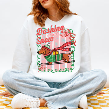 Dashing Through the Snow Dachshund Christmas Sweatshirt – Cozy Holiday Doxie Joy